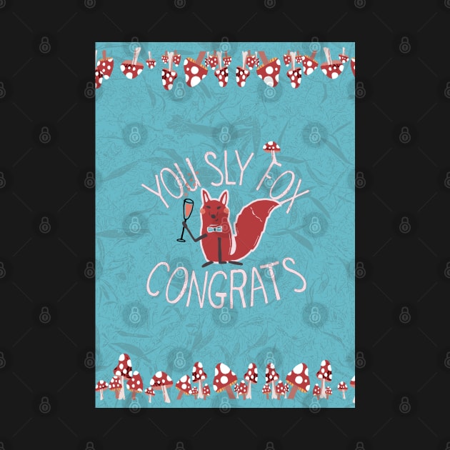 You Sly Fox, Congrats! with white fox and fly agaric mushrooms - pink, blue by Ipoole