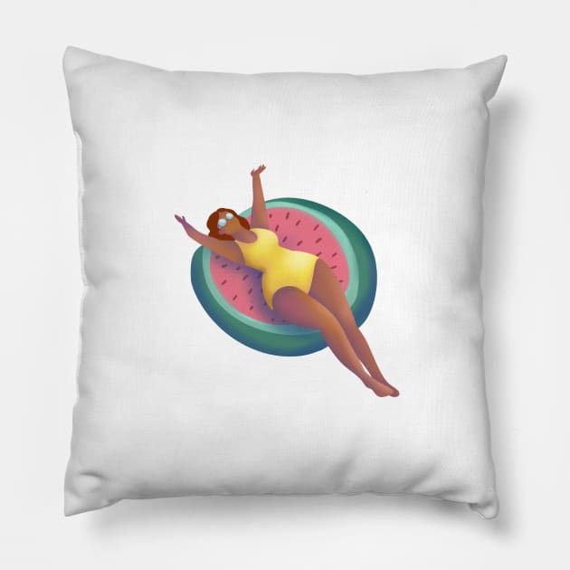 Girl In Swimming Pool Illustration, Watermelon Floaty Pillow by gusstvaraonica