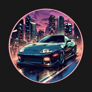 Toyota Supra MKIV inspired car in front of a modern city skyline street racing T-Shirt