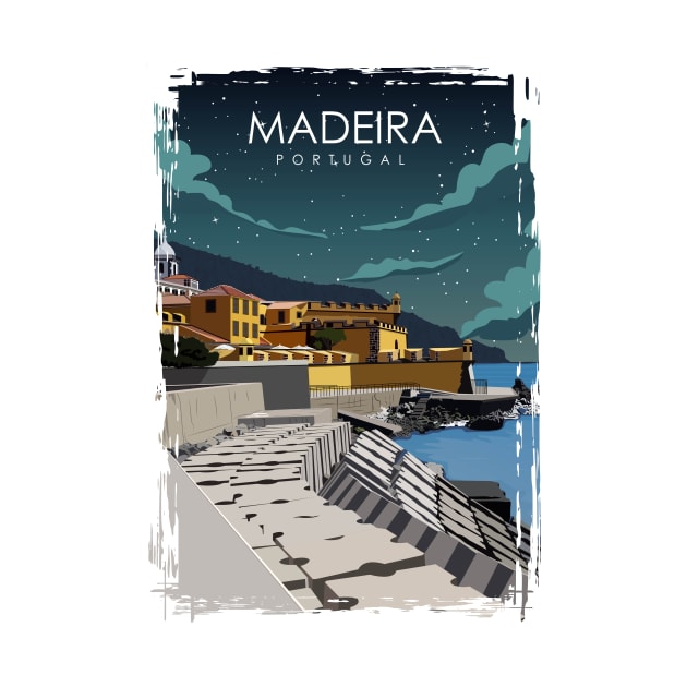 Madeira Portugal Vintage Retro Travel Poster at night by jornvanhezik