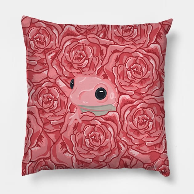 Wake Up and Smell the Froggy Roses Pillow by RoserinArt