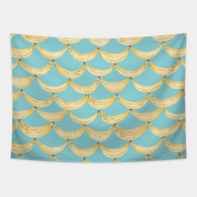 Watercolor painting of yellow bananas on light blue background Tapestry by marufemia