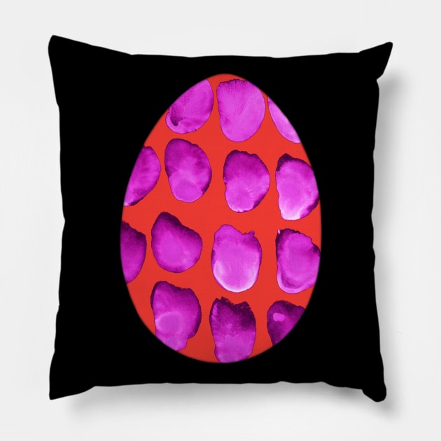 Easter egg - animal print with stains, isolated on black background. Simple red and violet boho watercolor. Design for background, cover and packaging, Easter and food illustration, greeting card. Pillow by Olesya Pugach