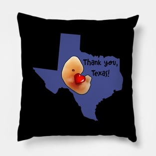 Thank you, Texas! Embryo hugging cartoon-style heart-shape inside Texas map. Pillow