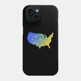 Colorful mandala art map of the United States of America in blue and yellow Phone Case