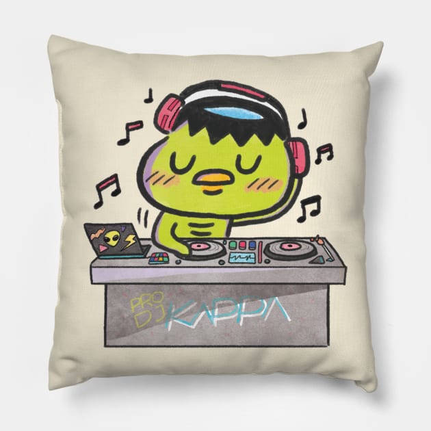 Cute Japanese folklore creature Kappa yokai being DJ Pillow by OzzyMac