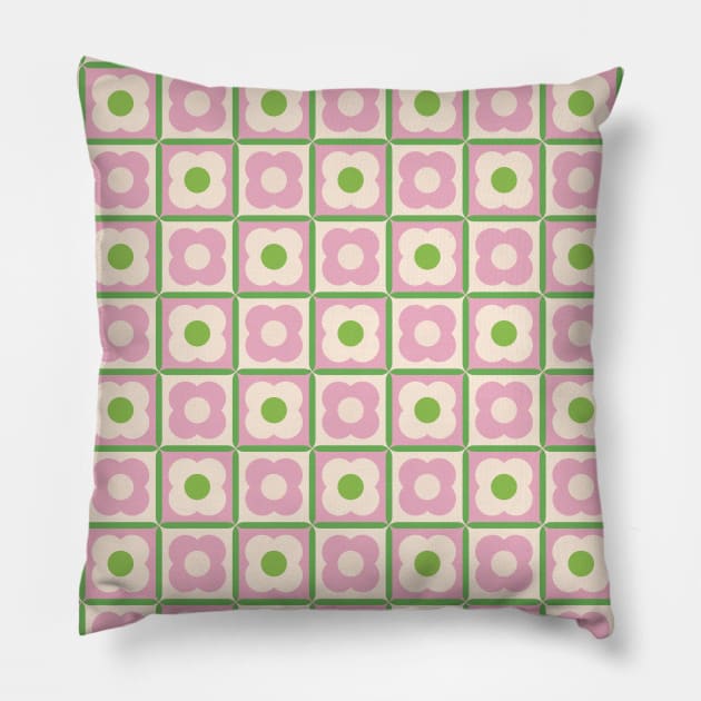 Retro Floral Checker Pattern Pink and Green Pillow by tramasdesign