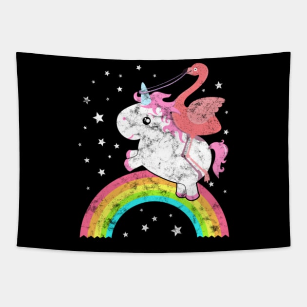 Cute Funny Unicorn Flamingo Riding Rainbow Awesome Tapestry by Nulian Sanchez