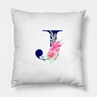 Watercolor Floral Letter J in Navy Pillow