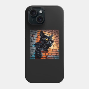 Black cat in sunglasses painted onto brick wall Sticker Phone Case