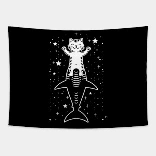 Cat Riding Shark Ocean Odyssey Tapestry