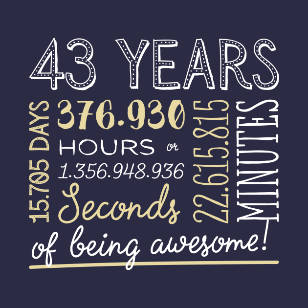 43rd Birthday Gifts - 43 Years of being Awesome in Hours & Seconds by BetterManufaktur