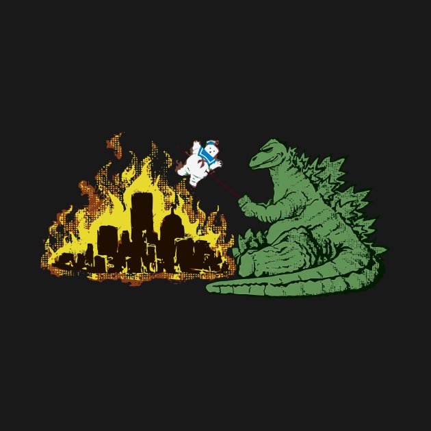 Godzilla vs Marshmallowman by Uwantmytees