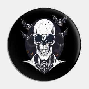 Halloween Skeleton with Sunglasses and Bats Flying Around it Pin