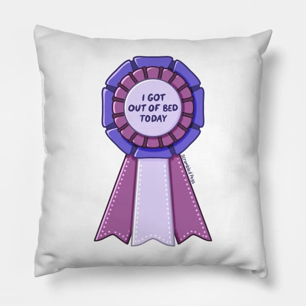 I got out of bed today ribbon Pillow by scrambledpegs