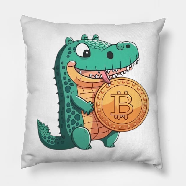 Cartoon Crocodile with a Bitcoin Coin Pillow by DesginsDone