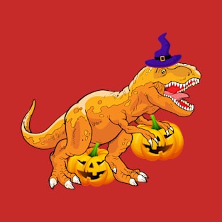 T-Rex With A Witch's Hat And Jack-O-Lantern Halloween Design T-Shirt