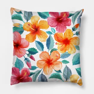 Colorful Watercolor Hibiscus on Clean White Pillow