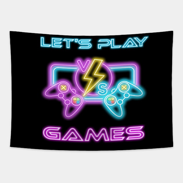 Lets Play Games in neon lights with two vs Gaming Controller for Gamer Tapestry by Trenddesigns24