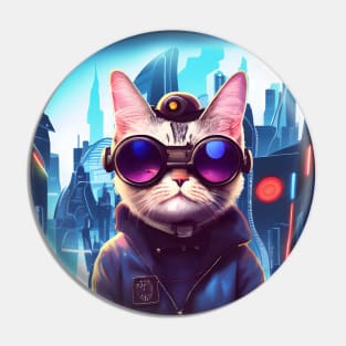 Cool Japanese Techno Cat In Future World Japan Neon City Pin