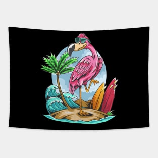 summer flamingos on the beach with coconut trees and surf boards Tapestry