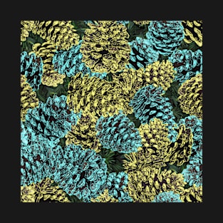 Pinecones Gold and Cyan on Evergreen T-Shirt