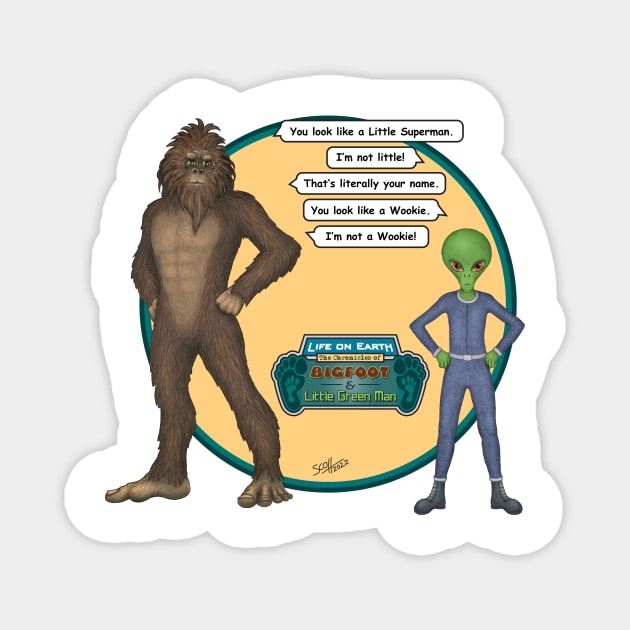 Bigfoot and Little Green Man Trading Barbs Magnet by Cozmic Cat