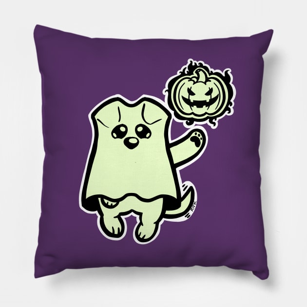 Little Ghost Dog Has a Jack O' Lantern Pillow by RJKpoyp