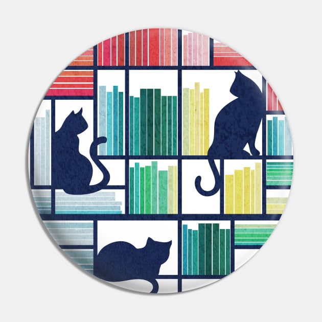 Rainbow bookshelf // white background navy blue shelf and library cats Pin by SelmaCardoso