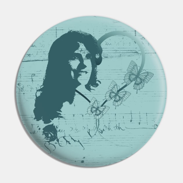 Female Silhouette Soprano Opera Singer, Music, Handwritten Scales, Butterflies and Hearts in Teal Pin by karenmcfarland13