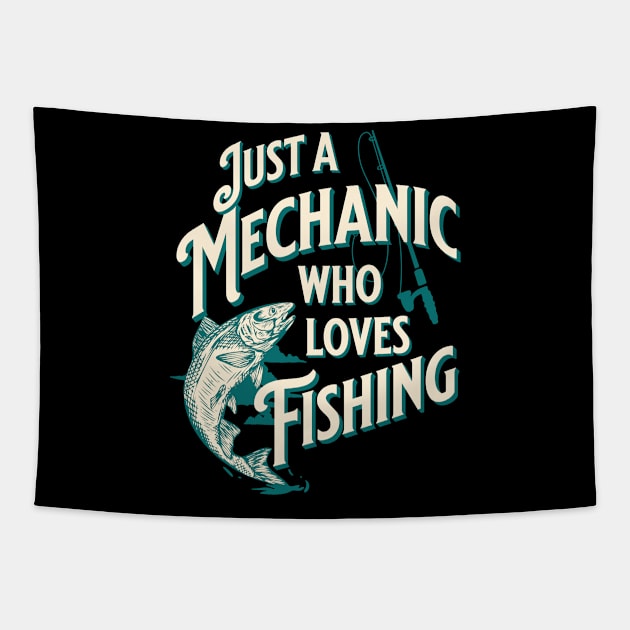 Just A Mechanic Who Loves Fishing | Blue Green Typography Tapestry by jiromie