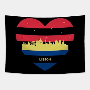 Portugal Skyline cityscape Heart Shape Birds Flying Lisbon Tapestry