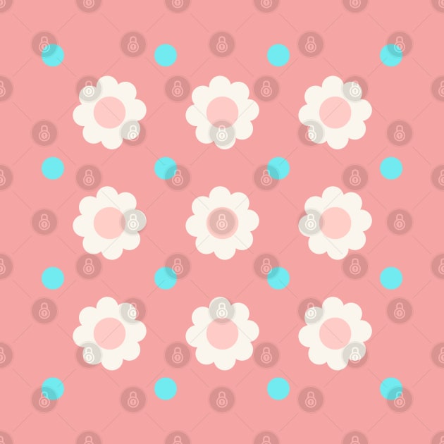 White and pink flowers with blue dots on turquoise background by marufemia