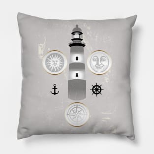 Nautical illustration of sun, moon and lighthouse in retro stamp design Pillow