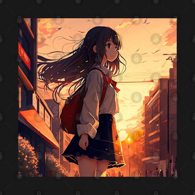 Magical Anime Sunset: Sailor Schoolgirl's Cityscape Journey by WabiSabi Wonders