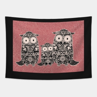 Folk Art Owl Family with Baby Oowl on Rose Pink Floral Background Tapestry