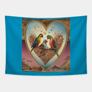 Galentines day and Valentine’s Day lovebirds snuggling with their chick Tapestry