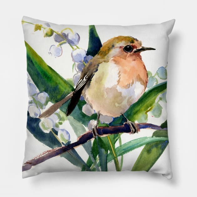 Robin Bird and Lilies of the Valley Flowers Pillow by surenart