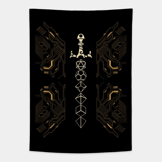 Winged Futuristic Polyhedral Dice Set Sword Gold Tapestry by pixeptional