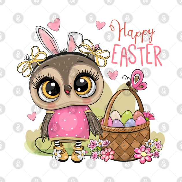 Easter print. Cute fashionable owl next to a basket of eggs. by Reginast777