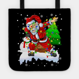 Santa Christmas Dabbing Through The Snow Dabbing Santa Snowman Christmas Lights Tote