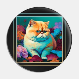 Famished Exotic Shorthair Cat Vibrant Tropical Flower Digital Oil Painting Portrait Pin