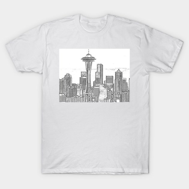 Minimalist Black and White Seattle Skyline T-Shirt Designed and Sold by Christine aka stine1