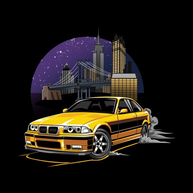 M3 E36 Illustration New York City Night Skyline by yourcar.art