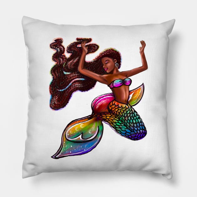 mermaid rainbow fins flowing red locs Afro hair and brown skin. African American Mermaids Pillow by Artonmytee