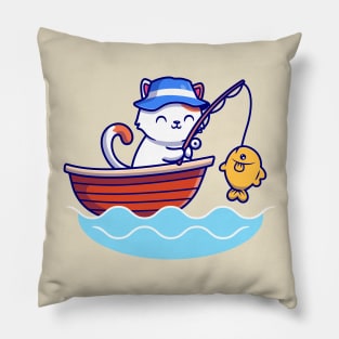 Cute Cat Fishing In The Sea On Boat Pillow