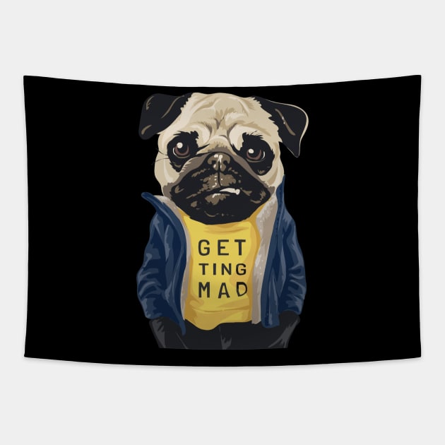 grumpy pug dog in blue jacket illustration Tapestry by chenowethdiliff