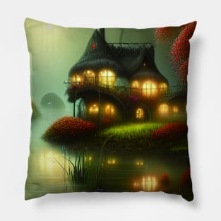 Sparkling Fantasy Cottage with Lights and Glitter Background in Forest, Scenery Nature Pillow