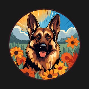 German Shepherd Mountain Flower Cute Colorful Puppy Dog T-Shirt