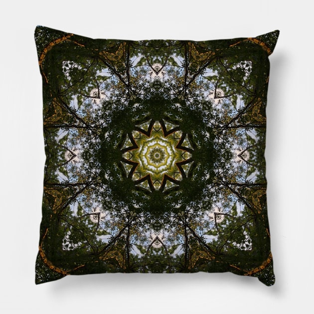 Copper, Black, and Gold Mandala Kaleidoscope with Sky Blue Background Pillow by Crystal Butterfly Creations